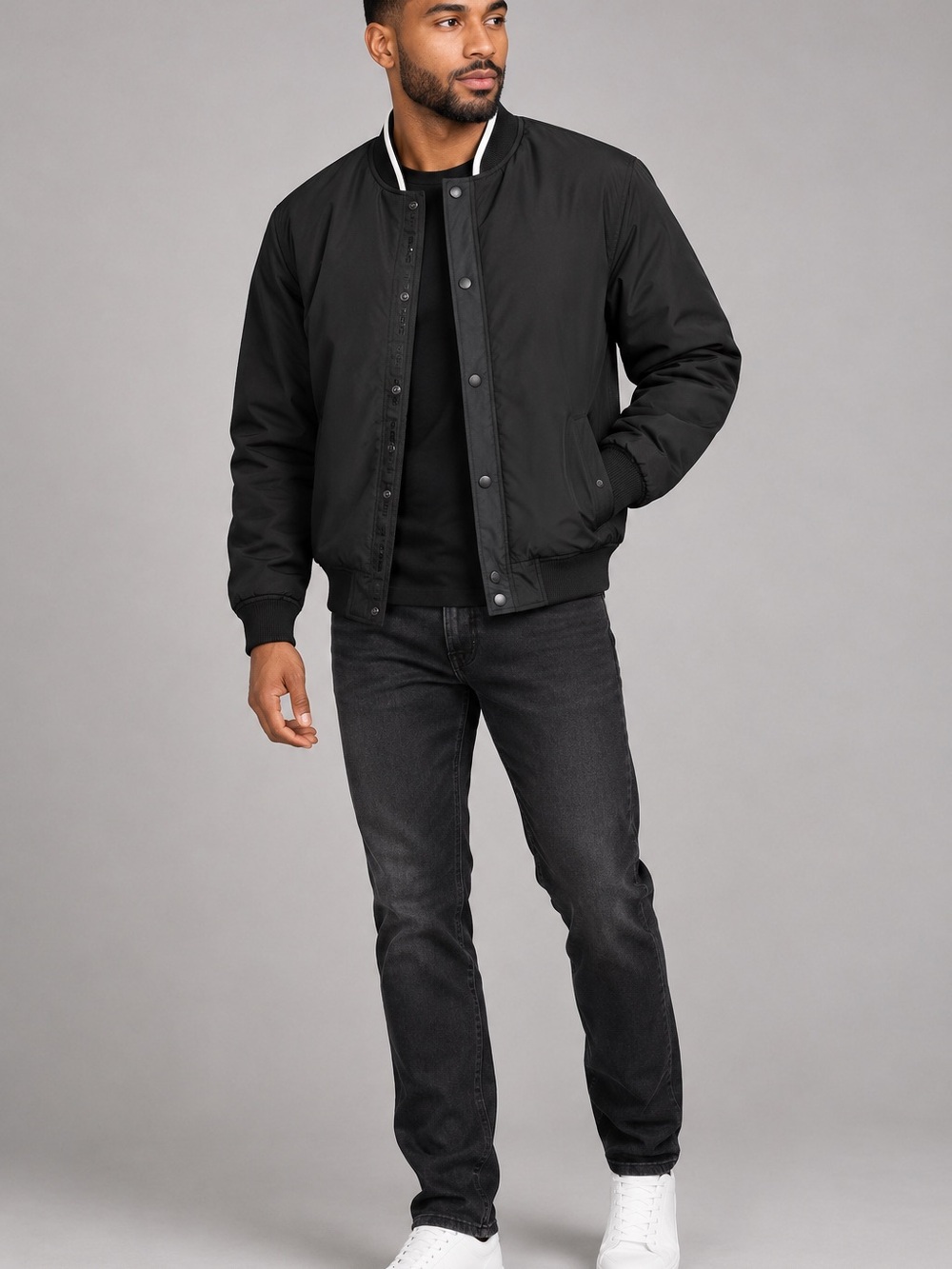 GUESS Black Bomber Jacket with White-Trim Collar Sz Small